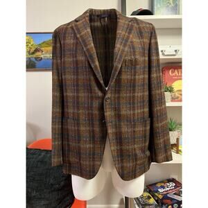 Belvest Tailoring Style Brown & Blue Plaid Tweed Sport Coat 56R